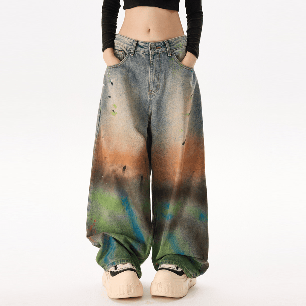 Unisex Distressed Paint-Splatter Denim Jeans