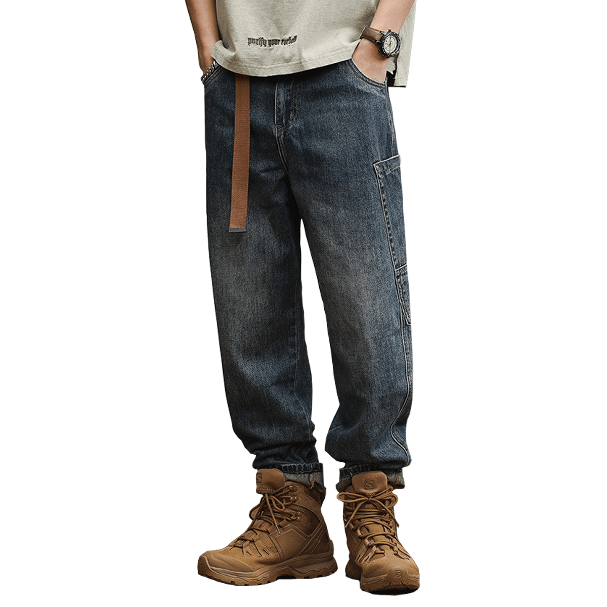 Loose-Fit Harem Cargo Denim Jeans