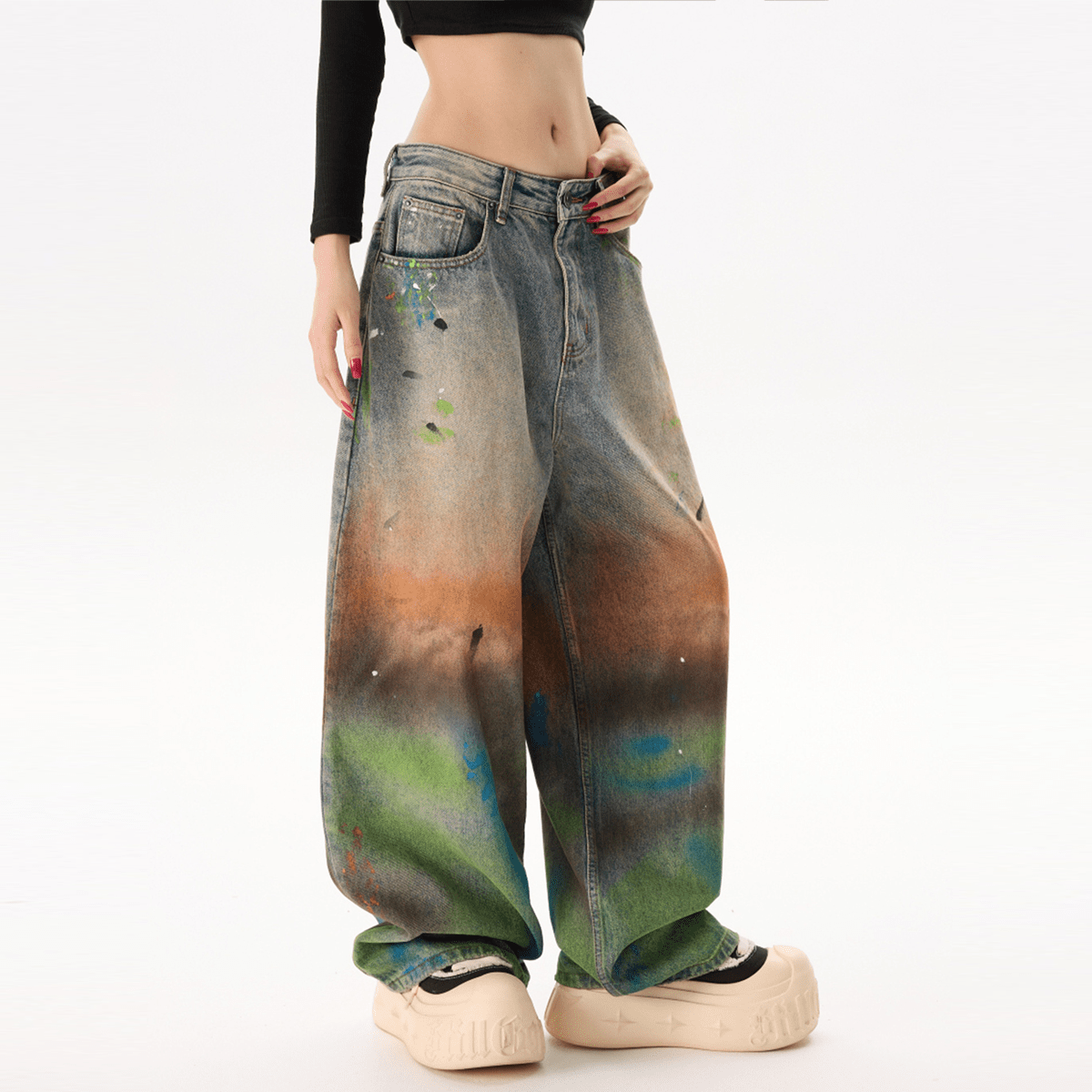Unisex Distressed Paint-Splatter Denim Jeans