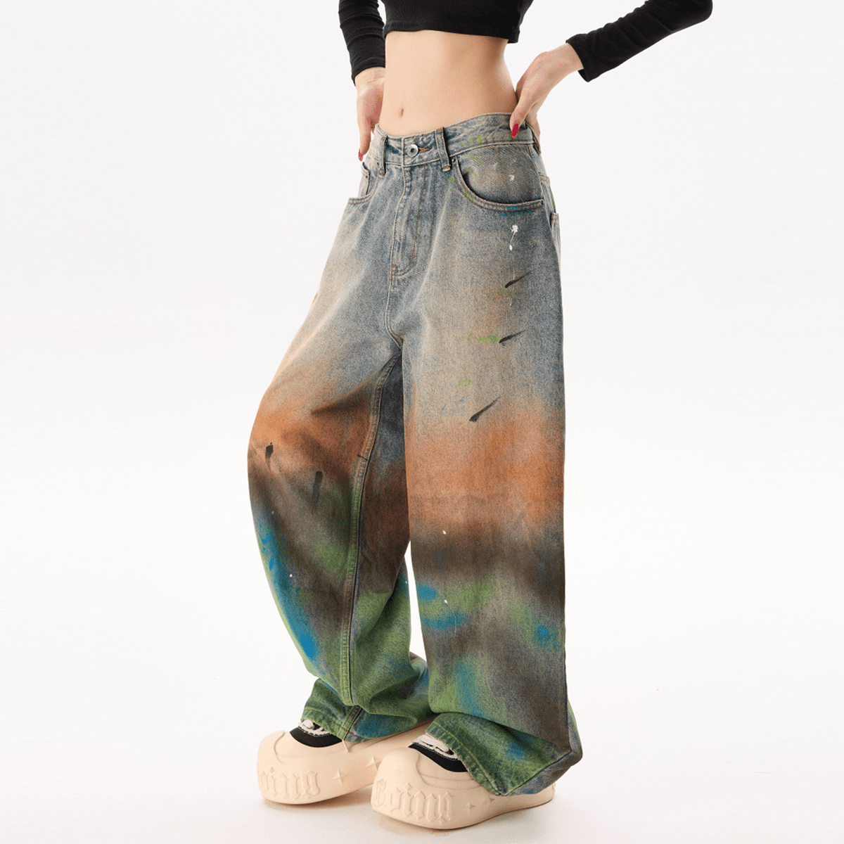 Unisex Distressed Paint-Splatter Denim Jeans