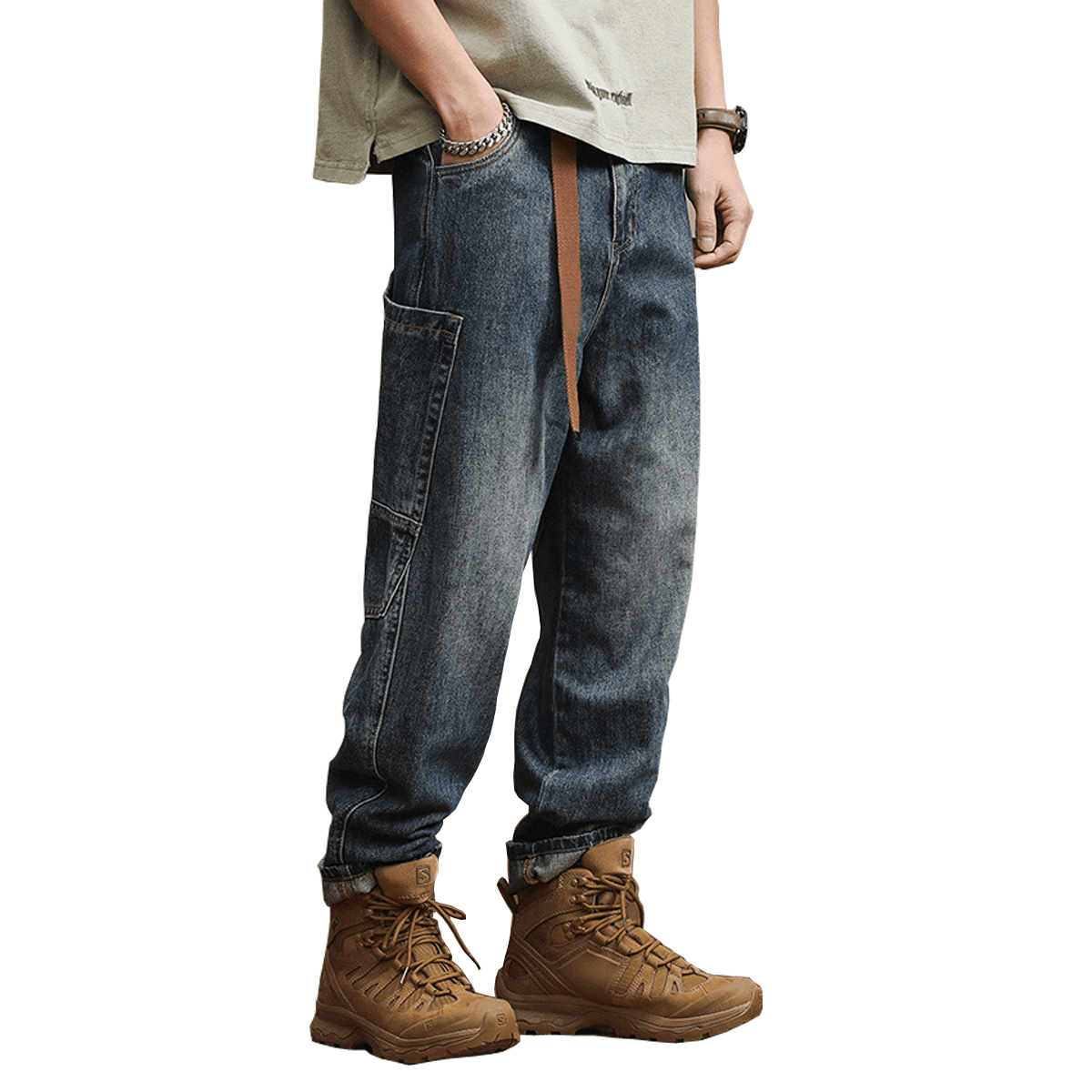 Loose-Fit Harem Cargo Denim Jeans