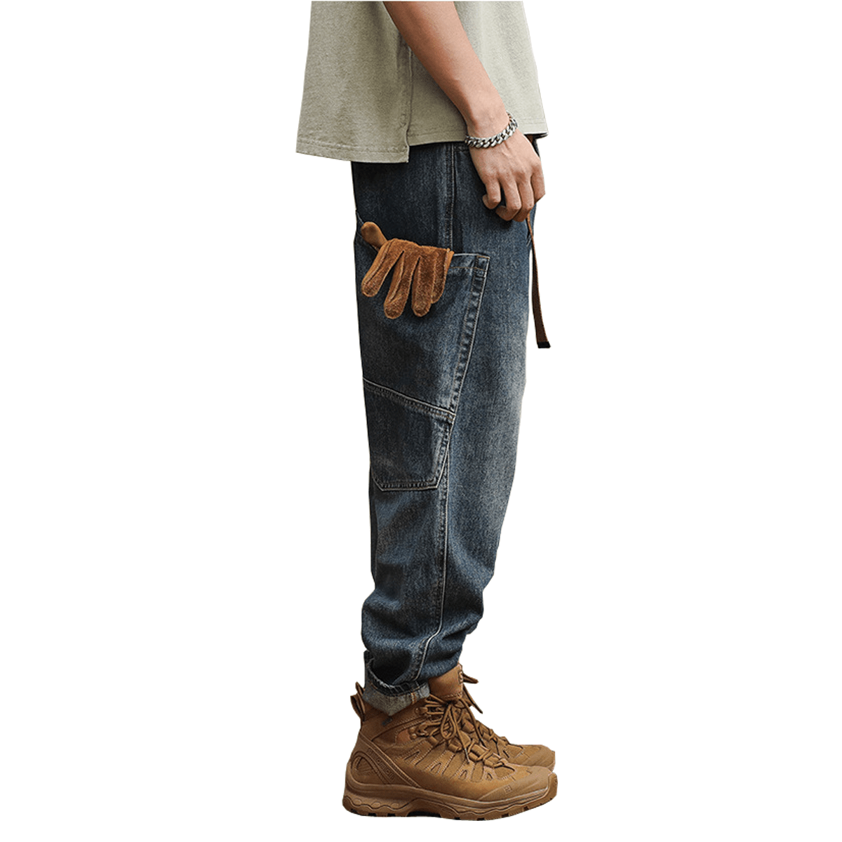 Loose-Fit Harem Cargo Denim Jeans