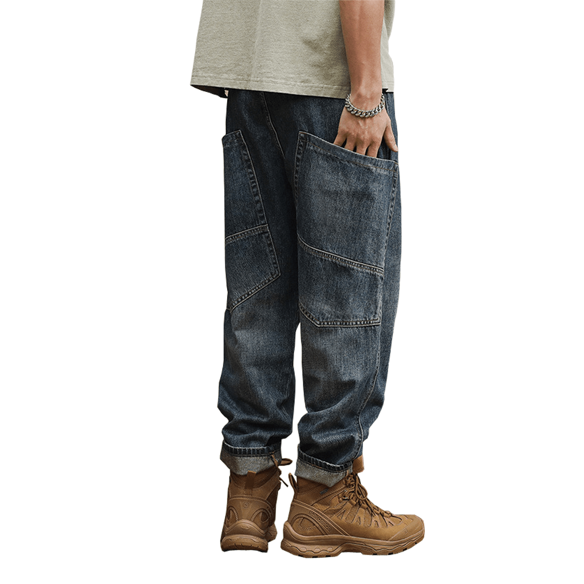 Loose-Fit Harem Cargo Denim Jeans